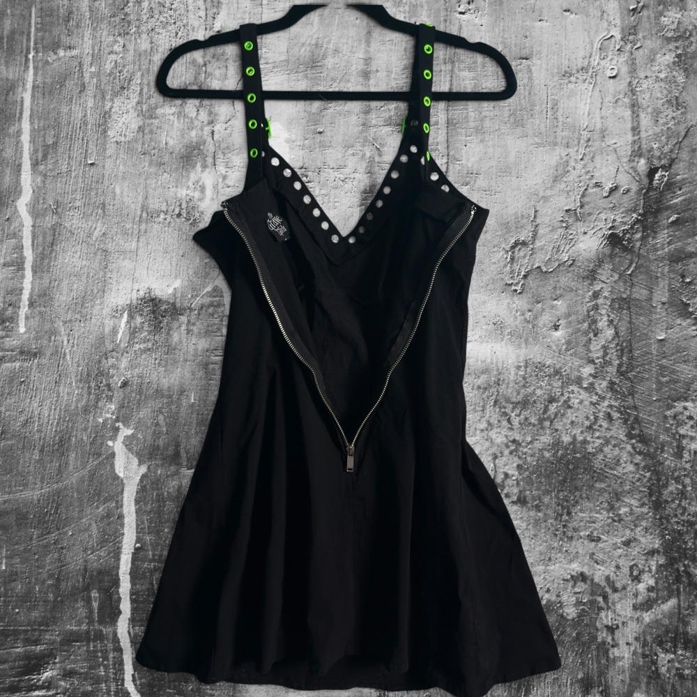 Dolls Kill The Grave Girls Sold Out Black Neon Green Studded Goth Mini Dress L - Picture 9 of 9